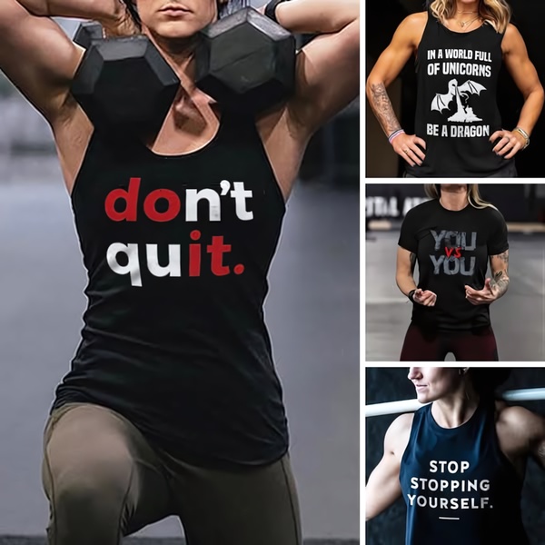 A 1:1 format ad creative showcasing a woman in athletic apparel with high-contrast text overlays designed to drive conversion through emotional connection.